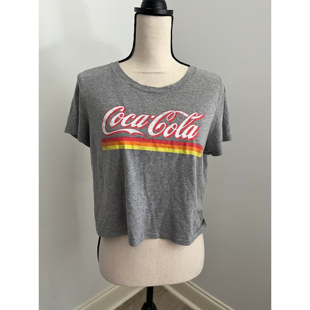 Retro Coca Cola Womens Graphic Crop Tee Large Gray Shirt Logo Short Sleeve Y2K